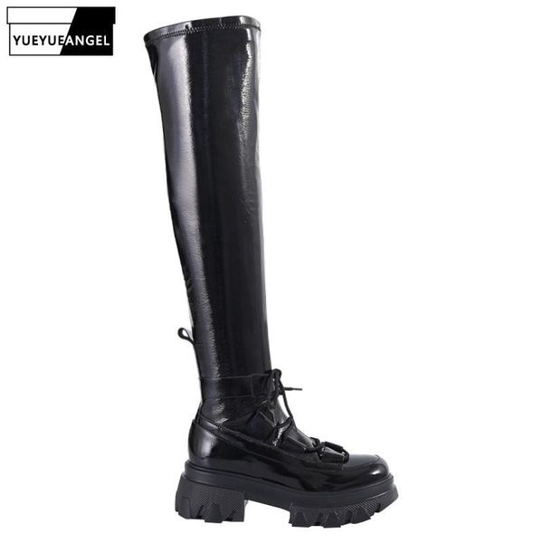 boots womens punk biker platform long street over the knee elastic winter warm patent leather high heel lace up, Black
boots womens punk biker platform long street over the knee elastic winter warm patent leather high heel lace up, Black