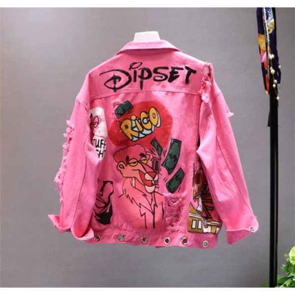female high street holes denim coat novelty turn down collar long sleeved jacket cartoon letter print casual chains outerwear 201210, Black;brown
female high street holes denim coat novelty turn down collar long sleeved jacket cartoon letter print casual chains outerwear 201210, Black;brown