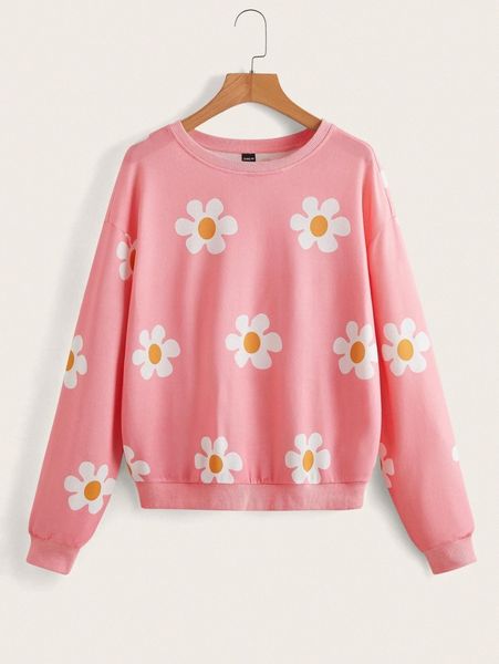 floral print drop shoulder sweatshirt h48j#, White;black 
floral print drop shoulder sweatshirt h48j#, White;black