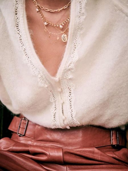 women's knits & tees 2021 women v-neck cardigan hollow out lace trim sweet sweater lady single-breasted knitwear top, White
women's knits & tees 2021 women v-neck cardigan hollow out lace trim sweet sweater lady single-breasted knitwear top, White