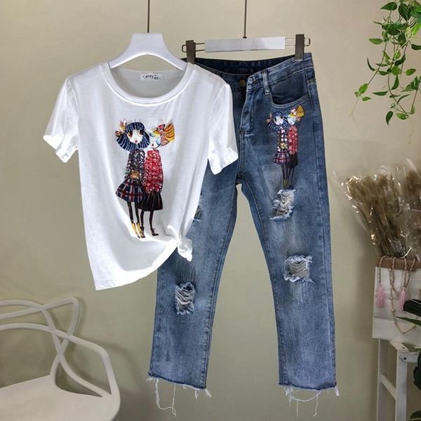 summer jeans suit women two piece set new bead sequins holes denim pants + short-sleeved round collar t-shirt two pieces sets1, White
summer jeans suit women two piece set new bead sequins holes denim pants + short-sleeved round collar t-shirt two pieces sets1, White
