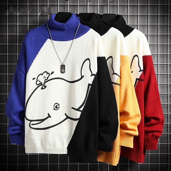 men's sweaters spring autumn sweater streetwear korean style splicing men casual clothing cartoons turtelneck, White;black 
men's sweaters spring autumn sweater streetwear korean style splicing men casual clothing cartoons turtelneck, White;black