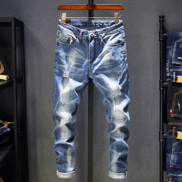 men's elastic slimming casual broken biker moto jeans slim fit straight denim pants distressed trousers, Blue
men's elastic slimming casual broken biker moto jeans slim fit straight denim pants distressed trousers, Blue