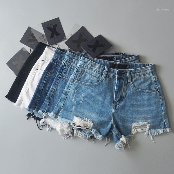 women high waiste split hole wide leg pants loose denim shorts a21, Blue