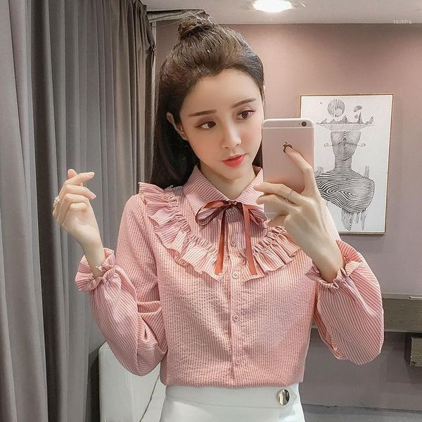 women 2020 spring autumn turn-down collar long sleeve shirt female sweet ruffle striped blouse loose blusas mujer de moda z461, White
women 2020 spring autumn turn-down collar long sleeve shirt female sweet ruffle striped blouse loose blusas mujer de moda z461, White