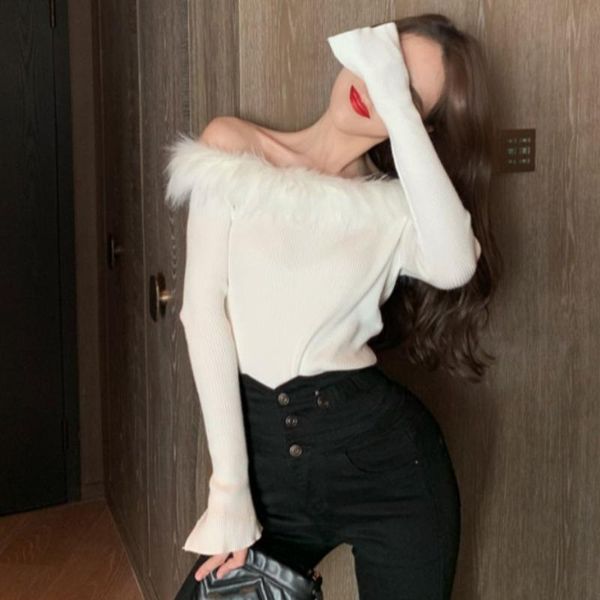 women's sweaters 2021 spring fashion trend feather pullover knitted sweater slash neck patchwork black white ladies clothing c779, White;black
women's sweaters 2021 spring fashion trend feather pullover knitted sweater slash neck patchwork black white ladies clothing c779, White;black