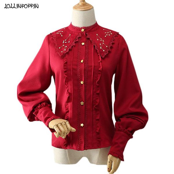 women stand collar lolita shirt long sleeves constellation embroidery ruffled design ladies big lapel jk chiffon blouse, White
women stand collar lolita shirt long sleeves constellation embroidery ruffled design ladies big lapel jk chiffon blouse, White