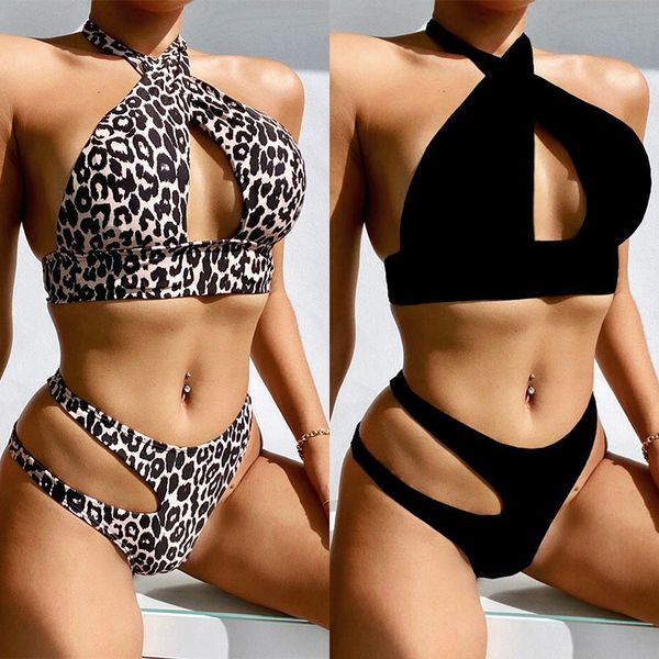 outer single 2021 women's split swimsuit leopard print cut out bandage bikini, White;black
outer single 2021 women's split swimsuit leopard print cut out bandage bikini, White;black