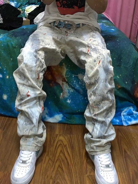 men's jeans 1of1 remake paint spraying ink splashing men's and women's versatile fashion loose straight pants, Blue
men's jeans 1of1 remake paint spraying ink splashing men's and women's versatile fashion loose straight pants, Blue