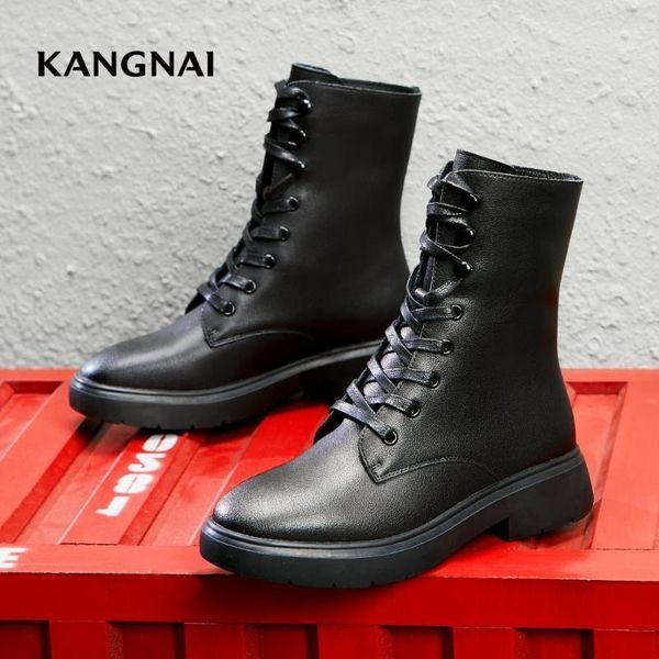 boots kangnai women's ankle platform lacing round toe winter shoes1, Black