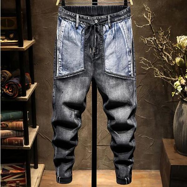 men's jeans retro black harem man denim pants casual trousers elastic waist splicing patchwork design joggers men clothing, Blue
men's jeans retro black harem man denim pants casual trousers elastic waist splicing patchwork design joggers men clothing, Blue