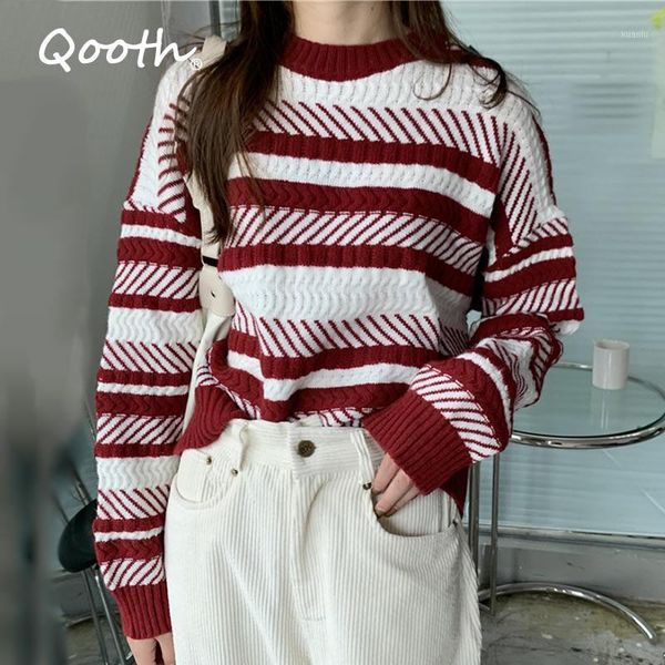 qooth 2020 vintage winter thick women sweater full sleeve pullovers striped warm knitted loose jumper sweaters qt2511, White;black
qooth 2020 vintage winter thick women sweater full sleeve pullovers striped warm knitted loose jumper sweaters qt2511, White;black