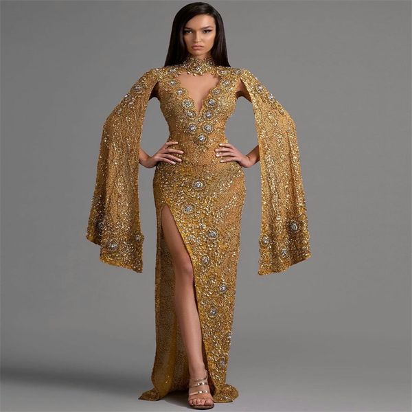gold crystal designer sheath evening dress high neck high-split prom dress long sleeves sweep train custom made robe de soirée, Black;red
gold crystal designer sheath evening dress high neck high-split prom dress long sleeves sweep train custom made robe de soirée, Black;red