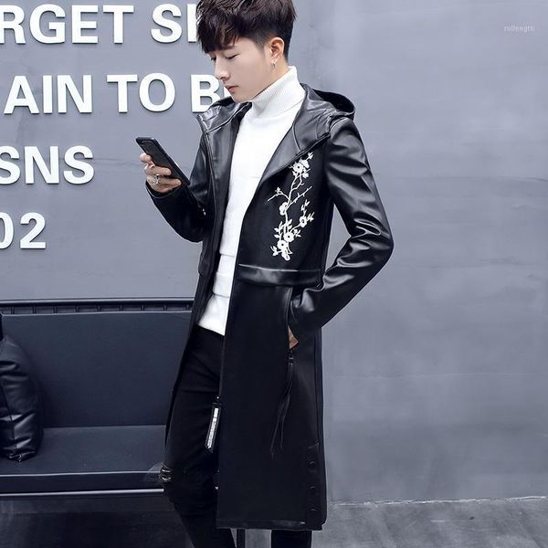 long pu leather jackets men floral hooded zipper pockets winter windproof outwear coats mens fashion slim fit coat1, Black
long pu leather jackets men floral hooded zipper pockets winter windproof outwear coats mens fashion slim fit coat1, Black