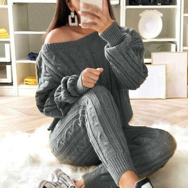 women autumn 2pcs outfits set long sleeve o-neck sweater jumper pants cable knit solid color tracksuit loungewear, Gray
women autumn 2pcs outfits set long sleeve o-neck sweater jumper pants cable knit solid color tracksuit loungewear, Gray