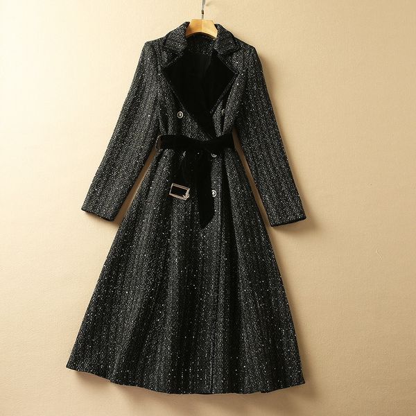 2021 winter long sleeve notched-lapel black contrast color tweed belted sequins double-breasted wool & blends coat elegant long outwear coat
2021 winter long sleeve notched-lapel black contrast color tweed belted sequins double-breasted wool & blends coat elegant long outwear coat