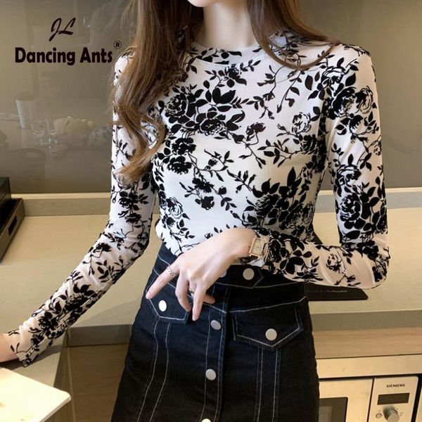 women's t-shirt woman thin solid t-shirts long sleeve floral print clothes o-neck slim vintage autumn or spring korean women fashion, White
women's t-shirt woman thin solid t-shirts long sleeve floral print clothes o-neck slim vintage autumn or spring korean women fashion, White