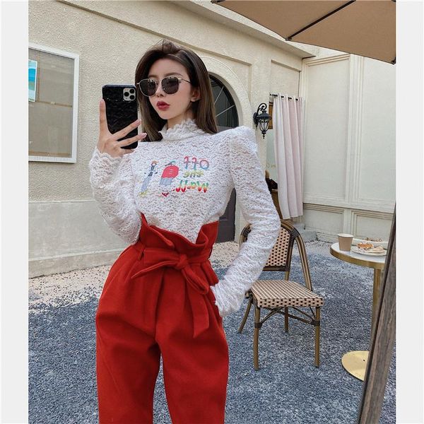 women's tracksuits hollow flower lace base high-neck printed slim + thick woolen pants, Gray
women's tracksuits hollow flower lace base high-neck printed slim + thick woolen pants, Gray