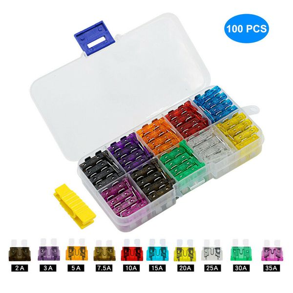 100pcs car fuses 2a 3a 5a 7.5a 10a 15a 20a 25a 30a 35a amp auto truck fuse set