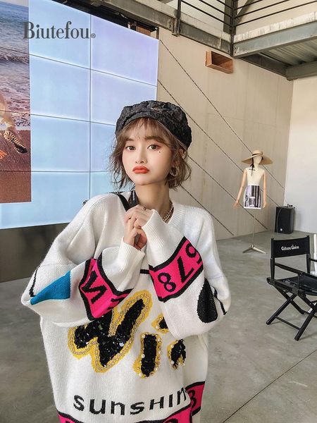 women's sweaters 2021 arrival winter women long loose letter beads thick sweater, White;black
women's sweaters 2021 arrival winter women long loose letter beads thick sweater, White;black