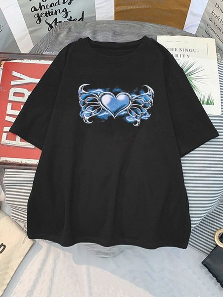 heart print drop shoulder oversized tee x4b5#, White