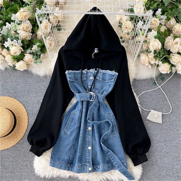 2021 new korean of the new hooded sweater denim stitching lace-up waist tooling age-reducing trendy dress cv1u, Black;gray
2021 new korean of the new hooded sweater denim stitching lace-up waist tooling age-reducing trendy dress cv1u, Black;gray
