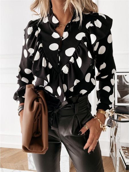 ruffled polka dot print women blouses single breasted long sleeve female blouse elegant office ladies clothes, White
ruffled polka dot print women blouses single breasted long sleeve female blouse elegant office ladies clothes, White