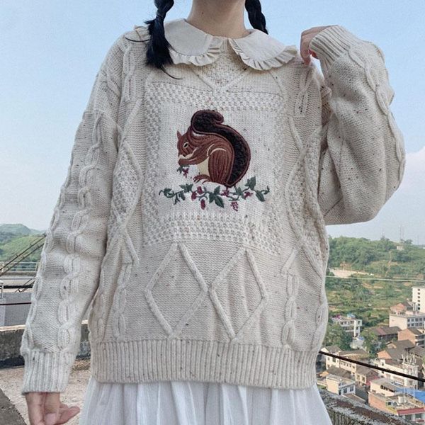 women's sweaters 2021 korean soft girl vintage loose female sweater harajuku cute squirrel embroidery wool knitted women warm oversized, White;black
women's sweaters 2021 korean soft girl vintage loose female sweater harajuku cute squirrel embroidery wool knitted women warm oversized, White;black