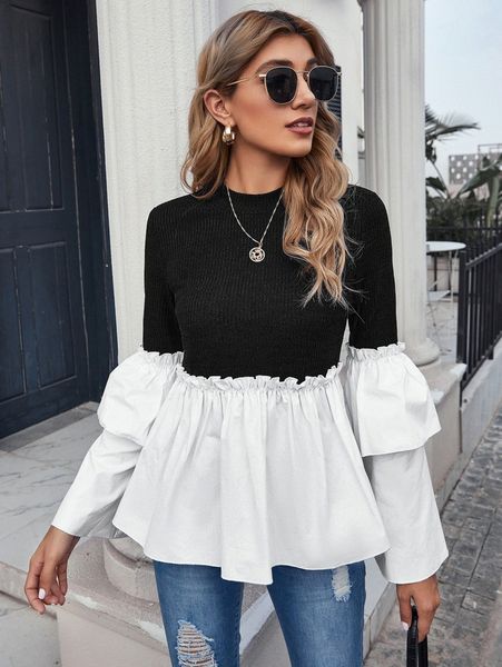 layered sleeve frill detail mixed media h23z#, White