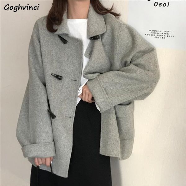 women's wool & blends women winter coat horn button single breasted wide-waisted turn-sown collar pockets korean style casual fashion c, Black 
women's wool & blends women winter coat horn button single breasted wide-waisted turn-sown collar pockets korean style casual fashion c, Black