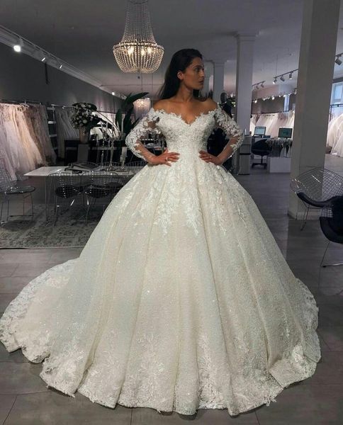 long sleeves lace ball gown wedding dresses 2021 with appliques sequins lace up back beach court train wedding bridal gowns, White
long sleeves lace ball gown wedding dresses 2021 with appliques sequins lace up back beach court train wedding bridal gowns, White
