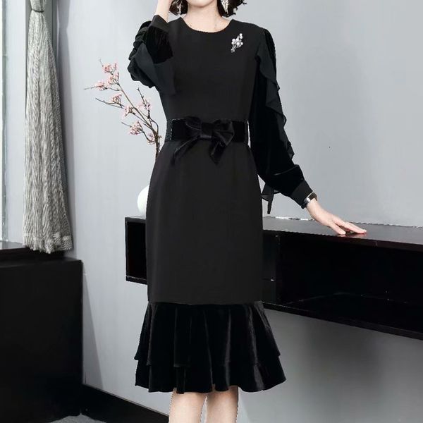 2021 autumn new frizzy style frilly sleeves long velvet belt self-cultivation fishtail tail dress black women's clothes k6kw, Black;gray
2021 autumn new frizzy style frilly sleeves long velvet belt self-cultivation fishtail tail dress black women's clothes k6kw, Black;gray