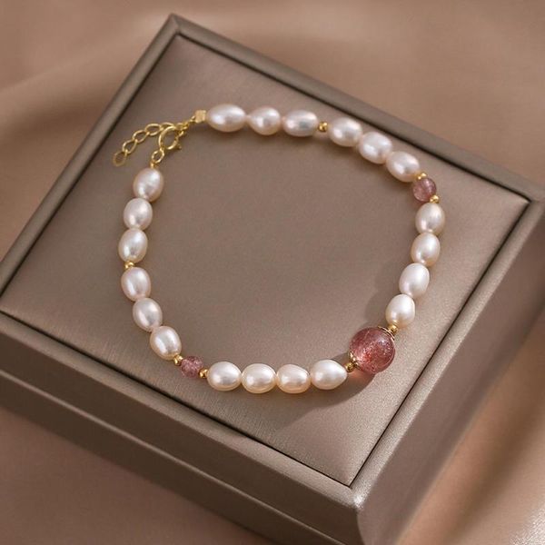 charm bracelets trendy rice shape pearl and strawberry crystal beaded bracelet handmade stainless steel 18kp jewelry for women, Golden;silver
charm bracelets trendy rice shape pearl and strawberry crystal beaded bracelet handmade stainless steel 18kp jewelry for women, Golden;silver