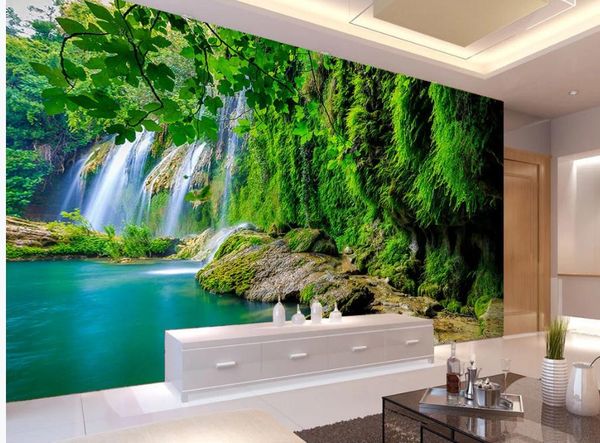 flowing water waterfall wallpapers green fresh tv background wall 3d landscape wallpaper