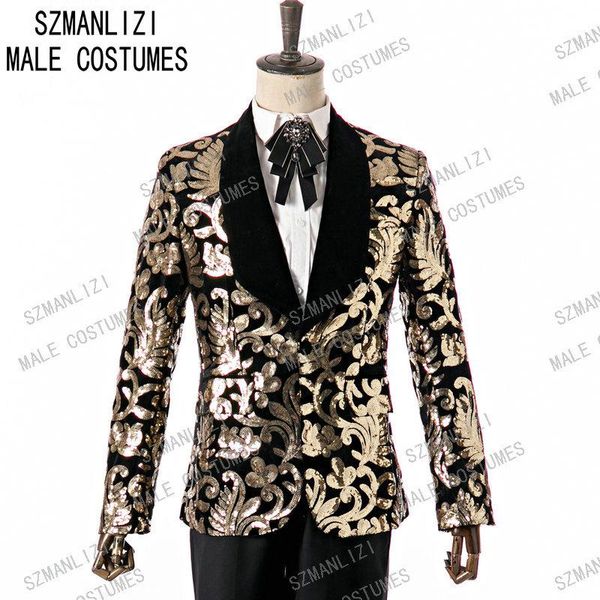 szmanlizi 2021 elegant men suit costume blazer gold sequin two pieces black velvet lapel slim fit wedding party groom tuxedo, White;black
szmanlizi 2021 elegant men suit costume blazer gold sequin two pieces black velvet lapel slim fit wedding party groom tuxedo, White;black