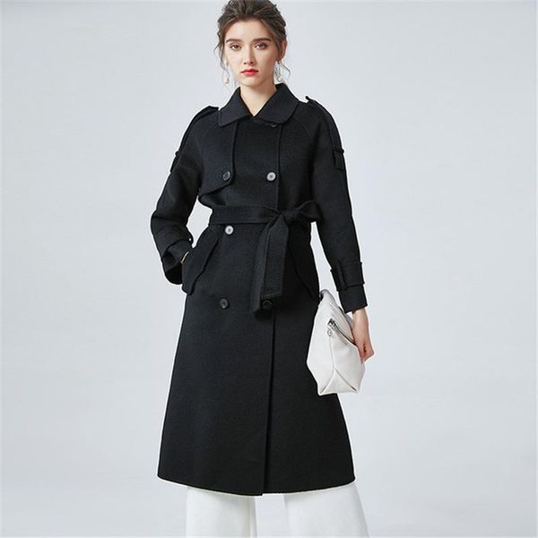 women's wool & blends water ripple double face cashmere overcoat lapel buckle belt over knee coat autumn winter clothing 2021, Black
women's wool & blends water ripple double face cashmere overcoat lapel buckle belt over knee coat autumn winter clothing 2021, Black