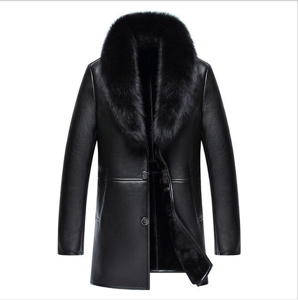 2020 men's middle-aged fox long fur collar and thick winter coat sheepskin keep warm chartering jacket 55tw, Black