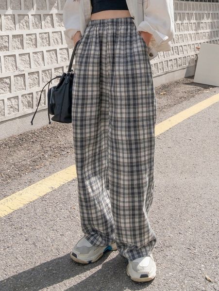 dazy plaid slant pocket pants g4wk#, Black;white