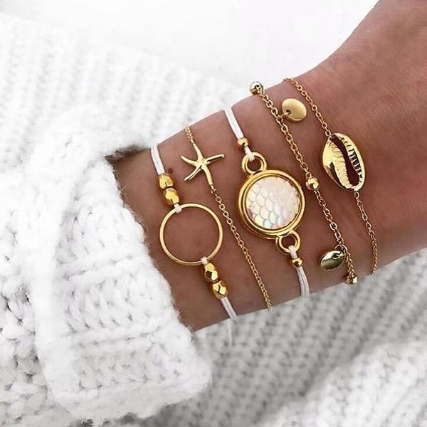link, chain 5 pcs/set fashion beach bracelets shell starfish mermaid scale beaded gold bracelet set women party wedding jewelry gifts, Black
link, chain 5 pcs/set fashion beach bracelets shell starfish mermaid scale beaded gold bracelet set women party wedding jewelry gifts, Black