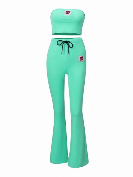 letter patch tube crop & drawstring waist pants set s42x#, White