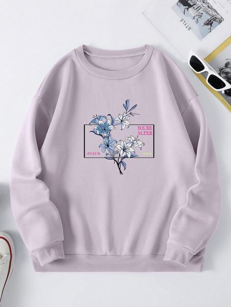 slogan & floral print thermal lined sweatshirt h8ts#, White;black