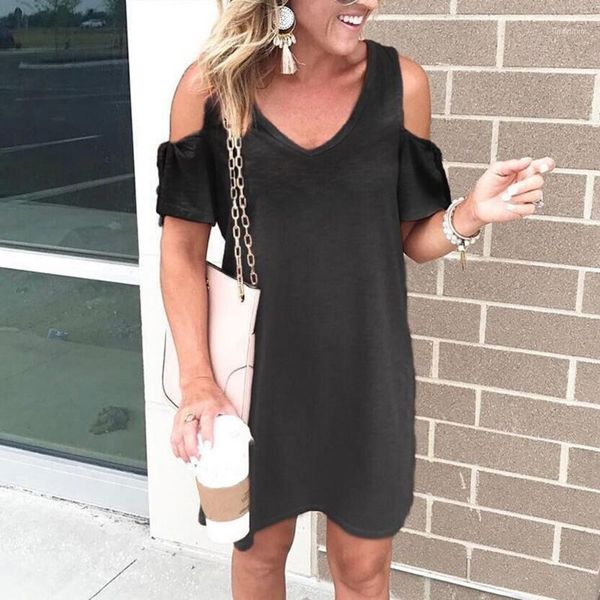 summer t-shirt dress women casual dresses off shoulder short sleeve dress fashion v-neck soild female clothing1, Black;gray 
summer t-shirt dress women casual dresses off shoulder short sleeve dress fashion v-neck soild female clothing1, Black;gray
