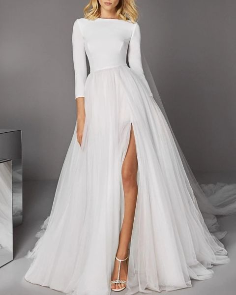 a-line wedding dresses jewel neck court train satin tulle 3/4 length sleeve casual modern with split front, White
a-line wedding dresses jewel neck court train satin tulle 3/4 length sleeve casual modern with split front, White