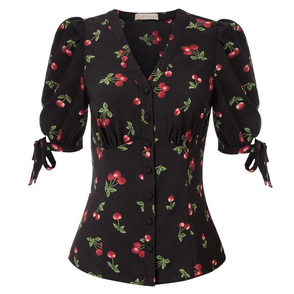 belle poque women's shirts cherries pattern shirt summer clothes short puff sleeves v-neck button placket sweet elegant new, White
belle poque women's shirts cherries pattern shirt summer clothes short puff sleeves v-neck button placket sweet elegant new, White