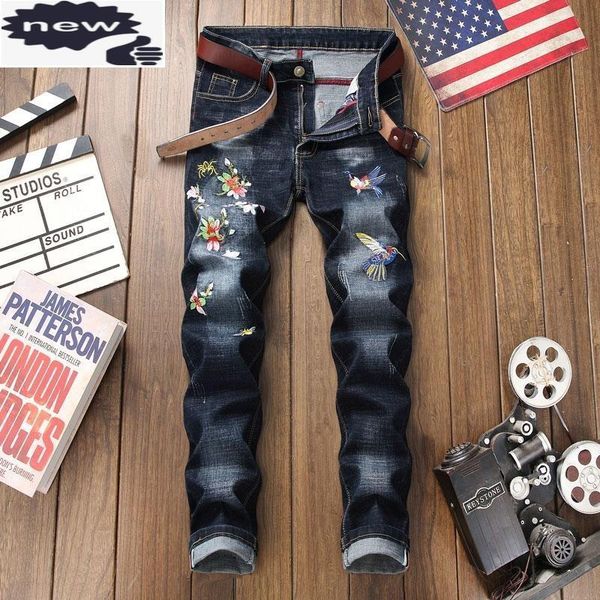 men's jeans brand chinese style floral embroidery full length mens denim pants straight runway fashion washed elastic trousers, Blue
men's jeans brand chinese style floral embroidery full length mens denim pants straight runway fashion washed elastic trousers, Blue