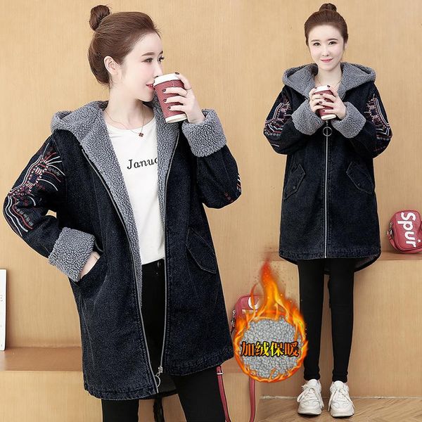 women's down & parkas fashion hooded plus velvet thick denim coat 2021 winter casual embroidered lamb wool cotton female pocket l996, Black
women's down & parkas fashion hooded plus velvet thick denim coat 2021 winter casual embroidered lamb wool cotton female pocket l996, Black