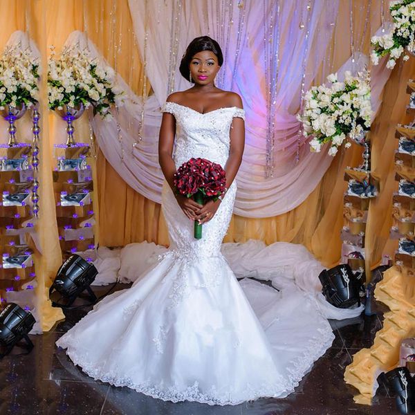 african off shoulder lace mermaid wedding dresses 2021 with beaded appliques sweep train tulle bridal gowns plus size, White
african off shoulder lace mermaid wedding dresses 2021 with beaded appliques sweep train tulle bridal gowns plus size, White