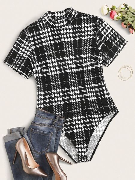 plus mock neck plaid bodysuit j65x#, Black
plus mock neck plaid bodysuit j65x#, Black