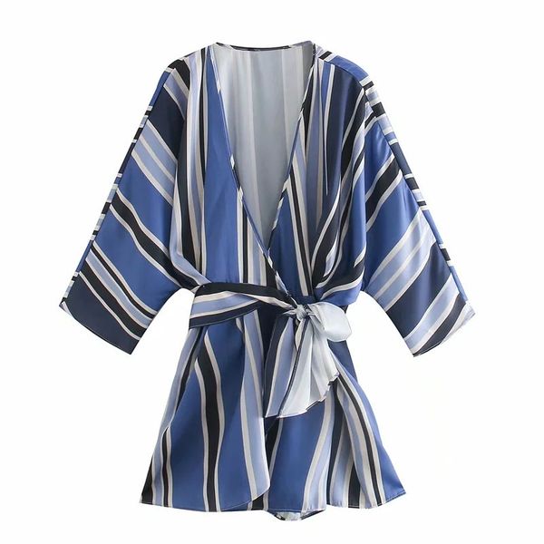 2021 new blue striped mini jumpsut women summer v-neck three quarter sleeve playsuit dress woman fashion tied belt dresses 65df, Black;white