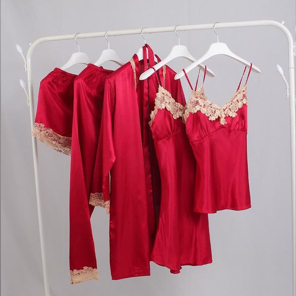 women's sleepwear women 5pcs satin pajamas set soft pijama suit female casual nightwear kimono bathrobe gown lace trim sleep, Black;red
women's sleepwear women 5pcs satin pajamas set soft pijama suit female casual nightwear kimono bathrobe gown lace trim sleep, Black;red